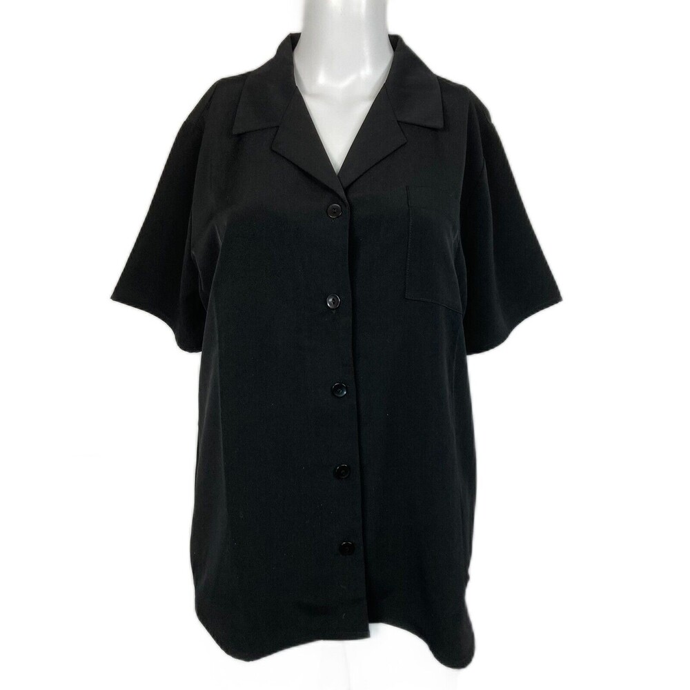 Susan Graver Style Shirt Womens Sz M Black Button Up Short Sleeve Blouse